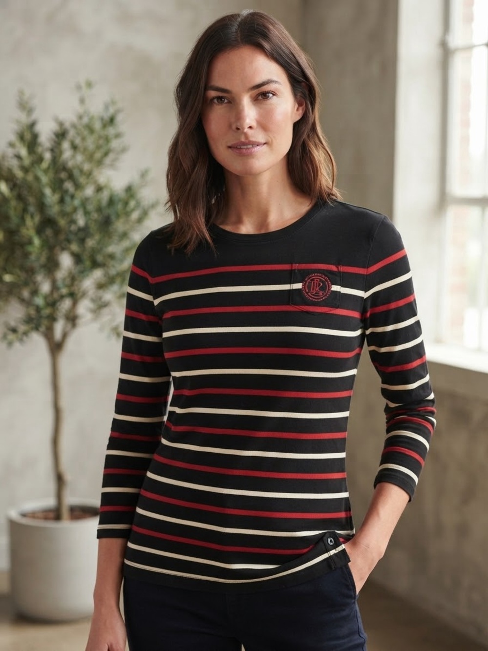 Ralph Lauren Black, Red & Cream Striped Long-Sleeve Crewneck Top